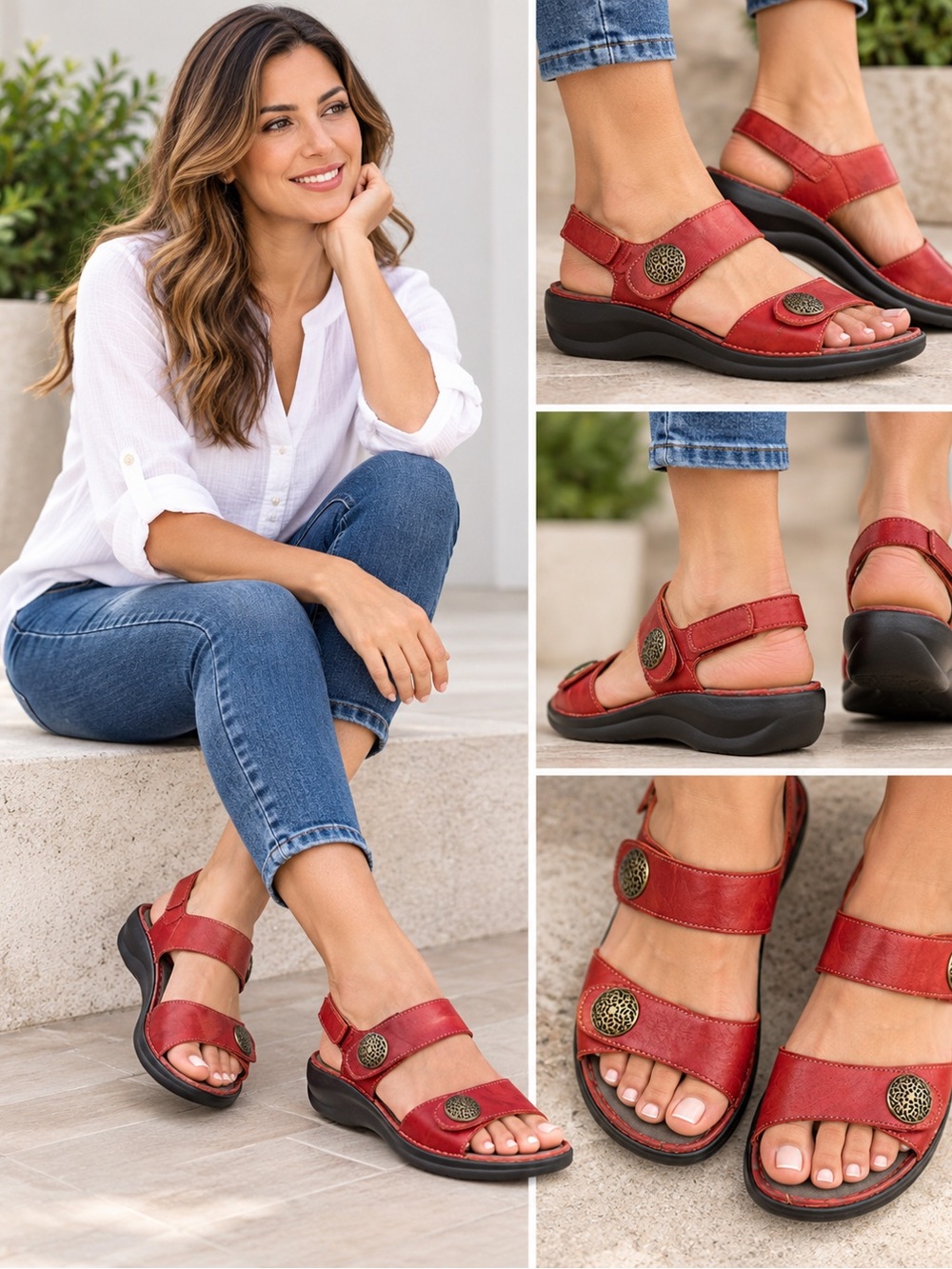 New Balance Red Leather Women's Adjustable Strap Sandals Size 7 D